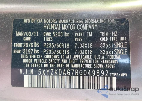 2011 Hyundai Santa Fe Limited z USA, uszkodzony, nr VIN 5XYZKDAG7BG049892